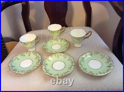 ROYAL CROWN DERBY VINE-Aqua 3 Green Color Ruffle Tea Cups and 4 Saucers Vintage