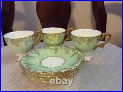 ROYAL CROWN DERBY VINE-Aqua 3 Green Color Ruffle Tea Cups and 4 Saucers Vintage