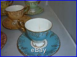 ROYAL CROWN DERBY Vine Pattern 8 Harlequin Multi Colour Coffee Cups & Saucers