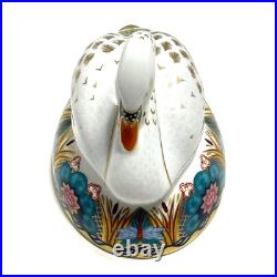 ROYAL CROWN DERBY White Swan Paperweight 22K Gold Gild Lotus Flowers Dragonfly