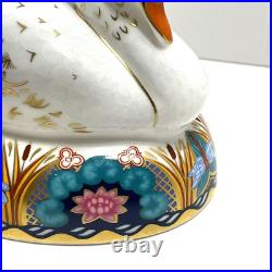 ROYAL CROWN DERBY White Swan Paperweight 22K Gold Gild Lotus Flowers Dragonfly
