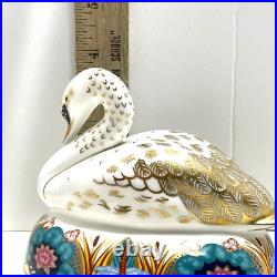 ROYAL CROWN DERBY White Swan Paperweight 22K Gold Gild Lotus Flowers Dragonfly