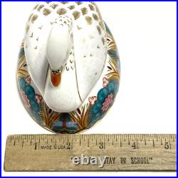 ROYAL CROWN DERBY White Swan Paperweight 22K Gold Gild Lotus Flowers Dragonfly