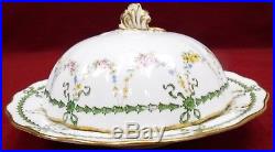 ROYAL CROWN DERBY china Green Ribbon Floral Swag ROUND COVERED BUTTER DISH