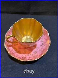 Rare Antique Pink Royal Crown Derby Hand Painted 24k Gold Cup & Saucer Excellent