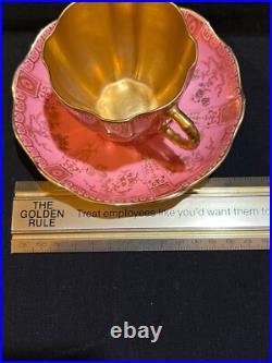 Rare Antique Pink Royal Crown Derby Hand Painted 24k Gold Cup & Saucer Excellent
