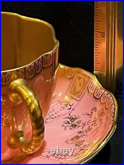 Rare Antique Pink Royal Crown Derby Hand Painted 24k Gold Cup & Saucer Excellent