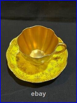 Rare Antique Yellow Royal Crown Derby Hand Painted 24k Gold Cup & Saucer