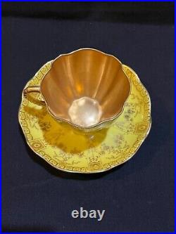 Rare Antique Yellow Royal Crown Derby Hand Painted 24k Gold Cup & Saucer