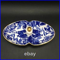 Rare Royal Crown Derby Blue Mikado Divided / 2 Part Handled Relish Dish Ch7625