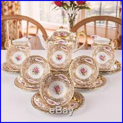 Rare Royal Crown Derby Hand Gilded & Pink Floral Vintage Tea Set & Teapot