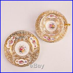 Rare Royal Crown Derby Hand Gilded & Pink Floral Vintage Tea Set & Teapot