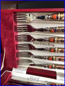Rare Royal Crown Derby Old Imari 1128 Boxed Set 6 Fish Forks & Knives 12 Items
