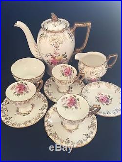 Rare Royal Crown Derby VINE GOLD Rose Poisie Demitasse Coffee Pot Cups Saucers