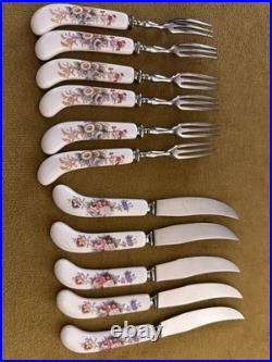 Rare Set Royal Crown Derby Posies 5 Steak Knives & 6 Forks