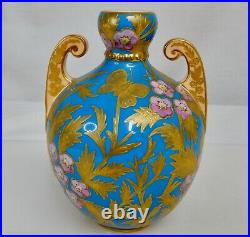 Royal Crown Derby 1870s Turquoise Blue, Pink and Gold Vase 82106