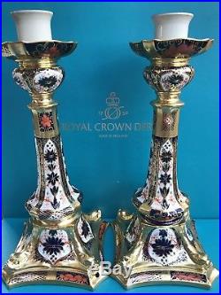 Royal Crown Derby 1st Quality Old Imari Solid Gold Band 10 Candlestick Lamp x 2