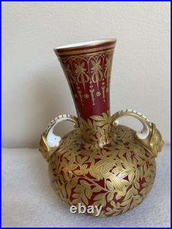 Royal Crown Derby 6 Vase Sang de Boeuf Glaze Gilt Foliage Birds w Mask Handles