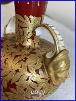 Royal Crown Derby 6 Vase Sang de Boeuf Glaze Gilt Foliage Birds w Mask Handles