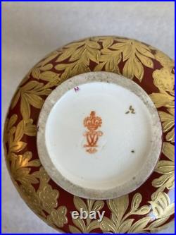 Royal Crown Derby 6 Vase Sang de Boeuf Glaze Gilt Foliage Birds w Mask Handles