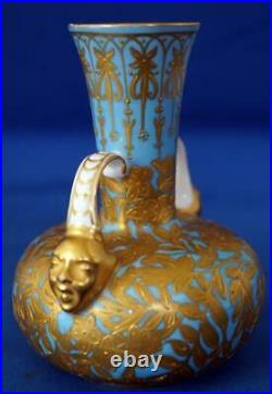 Royal Crown Derby Antique Mask Handle Gilded Vase Turquoise