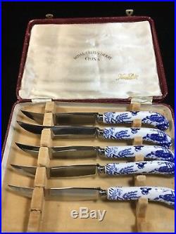 Royal Crown Derby BLUE MIKADO Set 5 FRUIT KNIVES & Original Box MONOGRAMMED