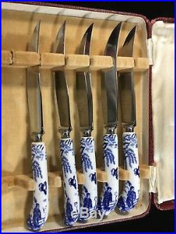 Royal Crown Derby BLUE MIKADO Set 5 FRUIT KNIVES & Original Box MONOGRAMMED