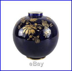 Royal Crown Derby Ball Vase Cobalt Blue Raised HP gold floral design c1900