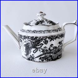 Royal Crown Derby Black Aves Platinum Tea Pot Bone China Floral 7.6