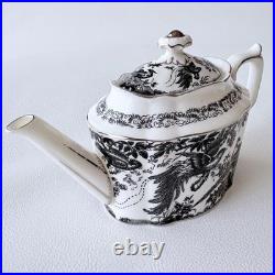Royal Crown Derby Black Aves Platinum Tea Pot Bone China Floral 7.6