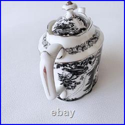 Royal Crown Derby Black Aves Platinum Tea Pot Bone China Floral 7.6