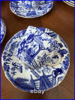 Royal Crown Derby Bone China Blue Mikado 8 Teacups And Saucers Made In England