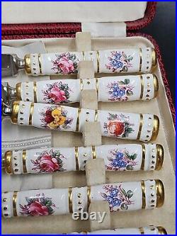 Royal Crown Derby Bone China Set/6 Indiv. Fruit Knives Floral Posies MINT BOXED