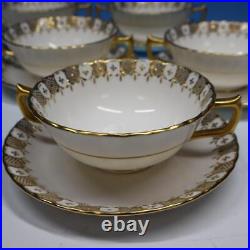 Royal Crown Derby China Gold Heraldic 5 Handled Cream Soup Bowls with Liners