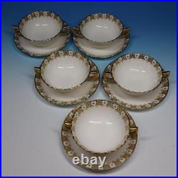 Royal Crown Derby China Gold Heraldic 5 Handled Cream Soup Bowls with Liners