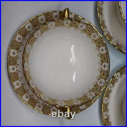 Royal Crown Derby China Gold Heraldic 5 Handled Cream Soup Bowls with Liners