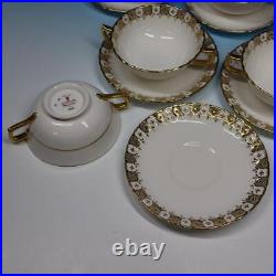 Royal Crown Derby China Gold Heraldic 5 Handled Cream Soup Bowls with Liners