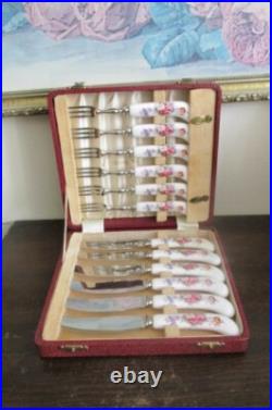Royal Crown Derby England Fruit Fork & Knife Set Of 12 Porcelain Handles Flowers