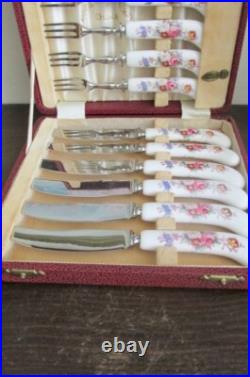 Royal Crown Derby England Fruit Fork & Knife Set Of 12 Porcelain Handles Flowers