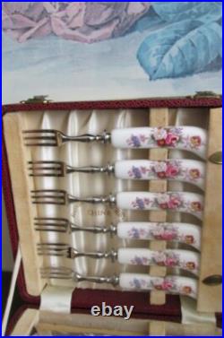 Royal Crown Derby England Fruit Fork & Knife Set Of 12 Porcelain Handles Flowers
