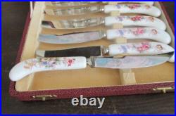 Royal Crown Derby England Fruit Fork & Knife Set Of 12 Porcelain Handles Flowers