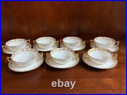 Royal Crown Derby Gold Heraldic 7 Handled Cream Soup Bowls with Liners, mint