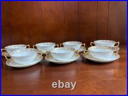 Royal Crown Derby Gold Heraldic 7 Handled Cream Soup Bowls with Liners, mint