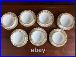 Royal Crown Derby Gold Heraldic 7 Handled Cream Soup Bowls with Liners, mint