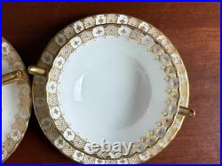Royal Crown Derby Gold Heraldic 7 Handled Cream Soup Bowls with Liners, mint