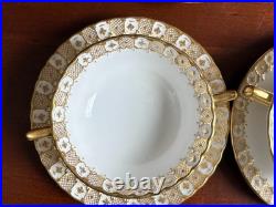 Royal Crown Derby Gold Heraldic 7 Handled Cream Soup Bowls with Liners, mint