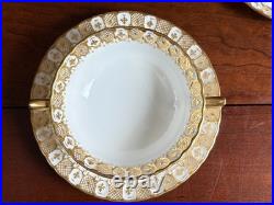 Royal Crown Derby Gold Heraldic 7 Handled Cream Soup Bowls with Liners, mint