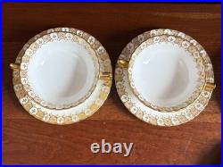 Royal Crown Derby Gold Heraldic 7 Handled Cream Soup Bowls with Liners, mint