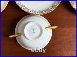 Royal Crown Derby Gold Heraldic 7 Handled Cream Soup Bowls with Liners, mint