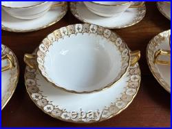 Royal Crown Derby Gold Heraldic 7 Handled Cream Soup Bowls with Liners, mint